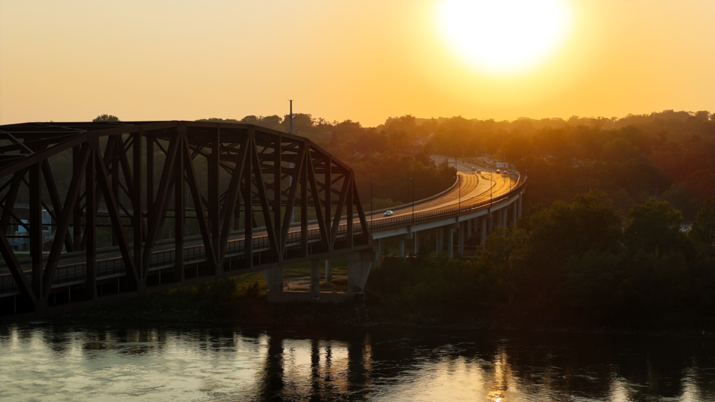 Drone inspection for property damage over a bridge